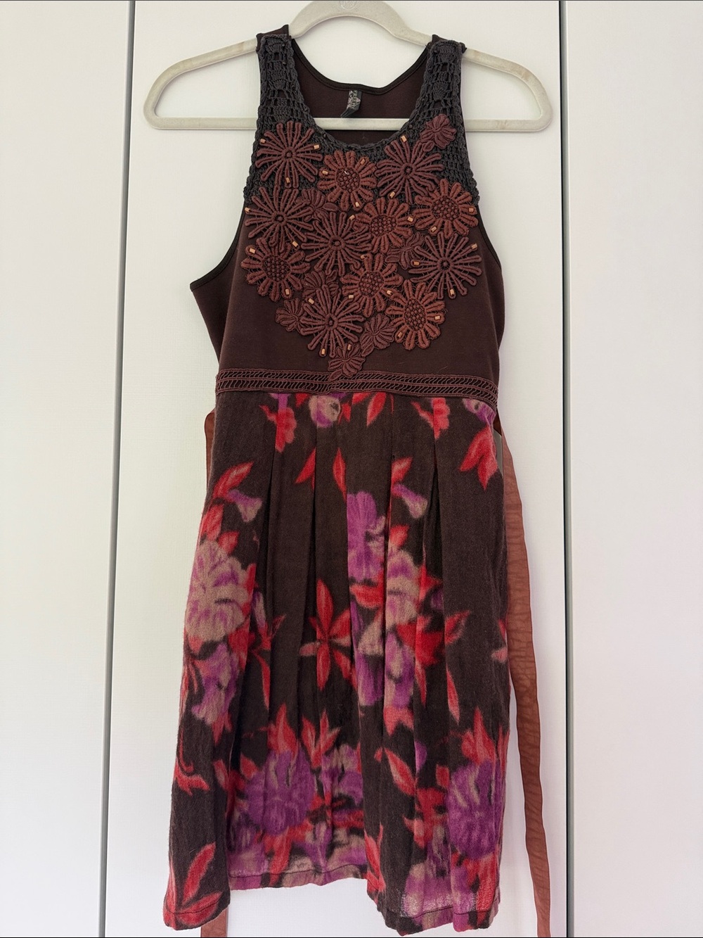 Free People Brown Mini Dress with Purple & Red Floral Skirt